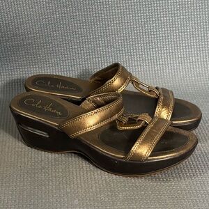 Cole Haan Nike Air Soles Leather Slide Platform Wedge Gold Sandals Women’s Sz  7